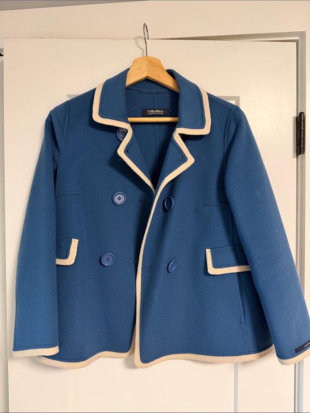 MaxMara Blue Wool Pea Coat with Cream Trim